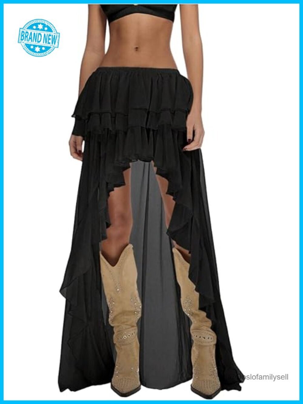 Boho Layered Ruffle Chiffon Maxi Skirt Asymmetrical Hem Cowgirl Western